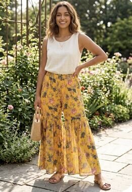Janasya Yellow Floral Sharara Pants Women Size M Wide Leg Flared Palazzo Boho